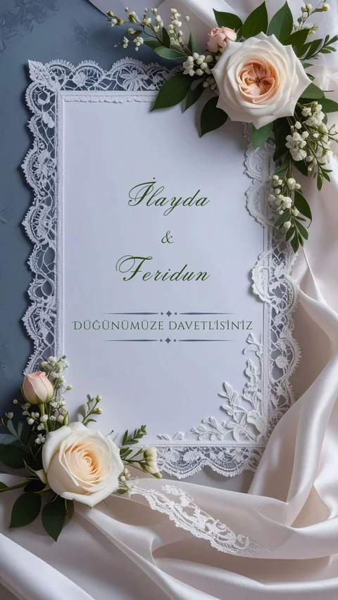 İlayda ve Feridun — mavi fon, dantel ve güllü davetiye