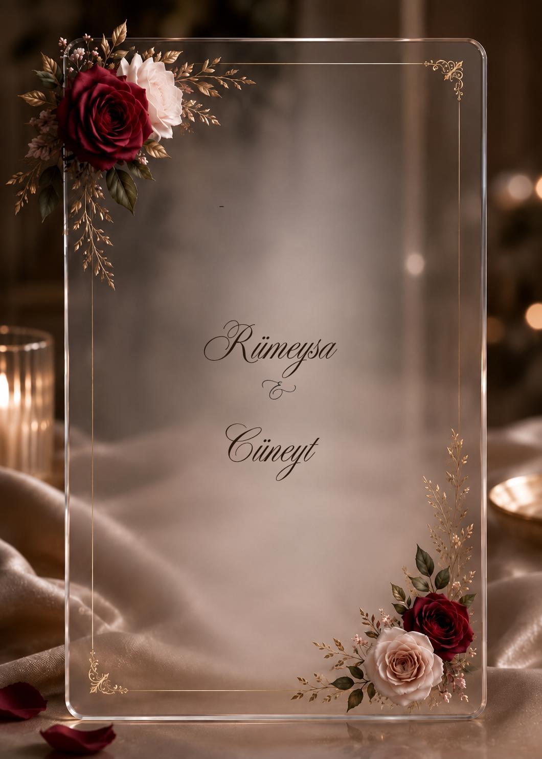 Rümeysa ve Cüneyt — güllü akrilik davetiye