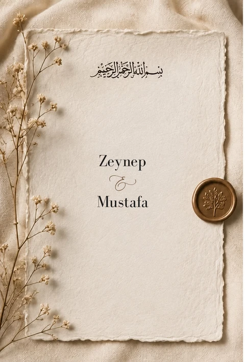 Zeynep ve Mustafa — el yapımı kâğıt, kuru çiçekler ve bronz mühür